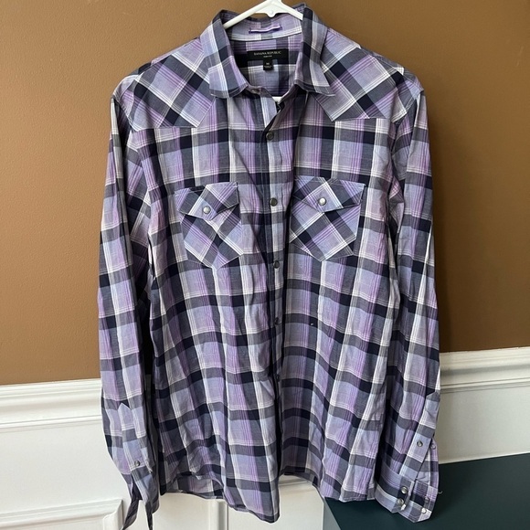 BANANA REPUBLIC Men’s Slim Fit Plaid Collared Button-Down Shirt Size M Western - Picture 2 of 6